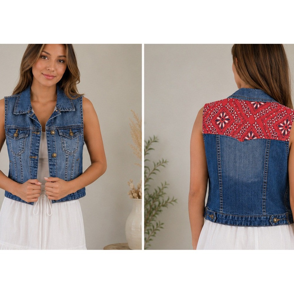 Forever 21 Womens Blue Denim Cropped Vest Red Paisley Bandana Back Sz Small NEW